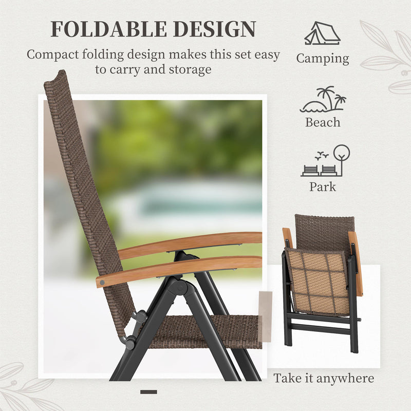 Outsunny - Folding Wicker Patio Dining Chair with 5-level Reclining Back, Wooden Armrests for Outdoor, Garden, Backyard, Brown