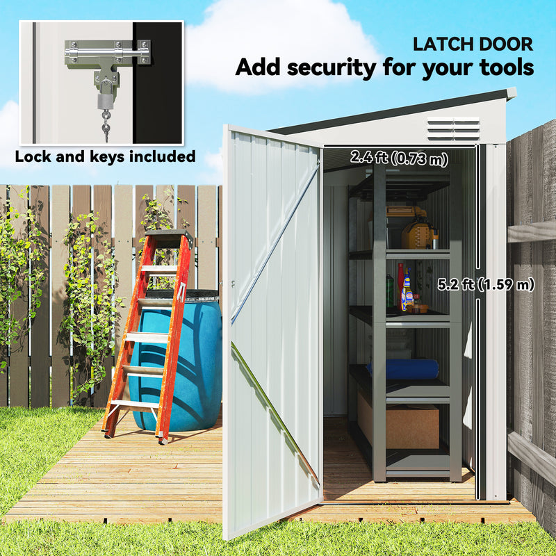 4' x 8' Outdoor Storage Shed Lean to Shed Outdoor Metal Tool Shed with Lockable Door and Air Vents, White