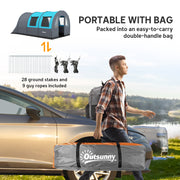 Outsunny - 3 Person Camping Tent with Living Room and Bedroom, 3000mm Waterproof Tunnel Large Family Tent, Grey and Blue