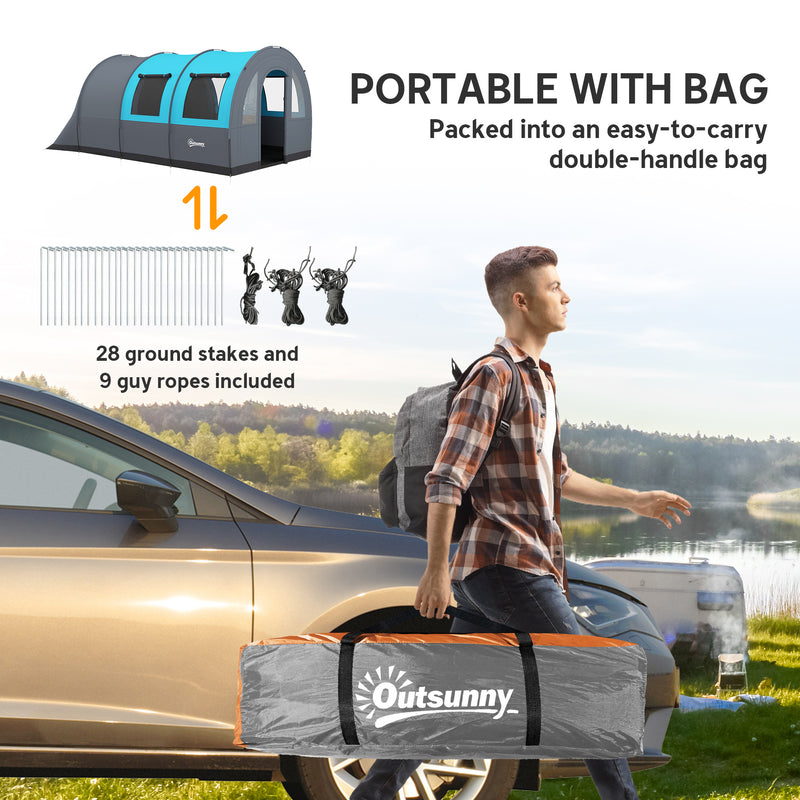 Outsunny - 3 Person Camping Tent with Living Room and Bedroom, 3000mm Waterproof Tunnel Large Family Tent, Grey and Blue