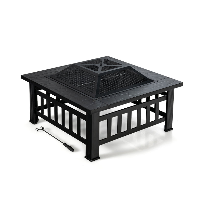 Costway - 32 Inch 3 in 1 Outdoor Square Fire Pit Table with BBQ Grill and Rain Cover for Camping