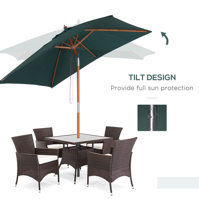 Outsunny - 6.6x5ft Square Market Parasol, Wooden Patio Umbrella with Tilt Mechanism and 6 Bamboo Ribs, Garden Sunshade, Green — 84D-017GN