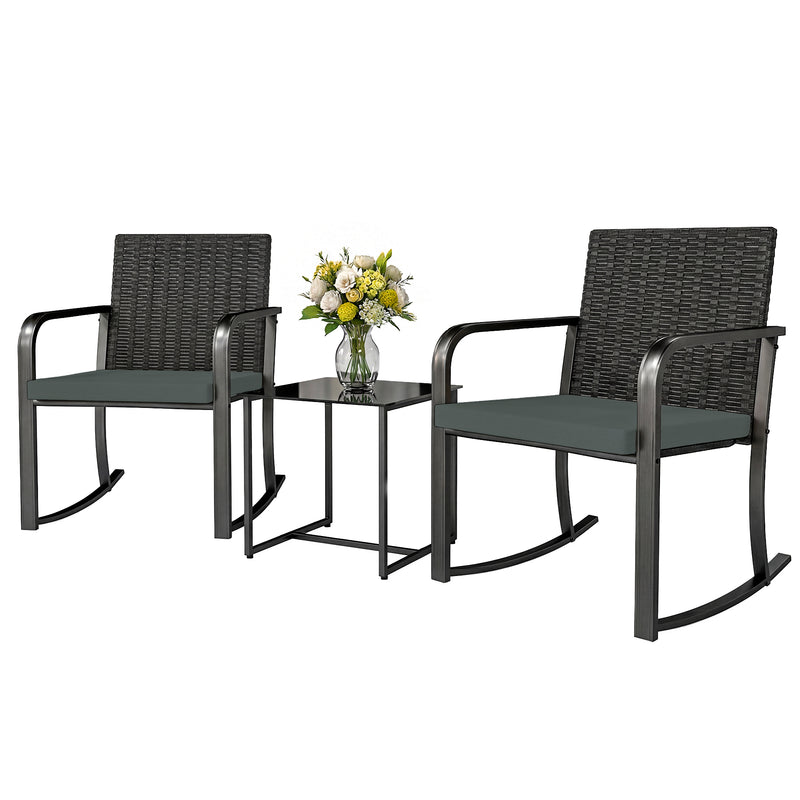 Outsunny - 3 Pieces Rocking Bistro Set Outdoor Patio Furniture Set with Cushions, Glass Coffee Table for Balcony, Grey