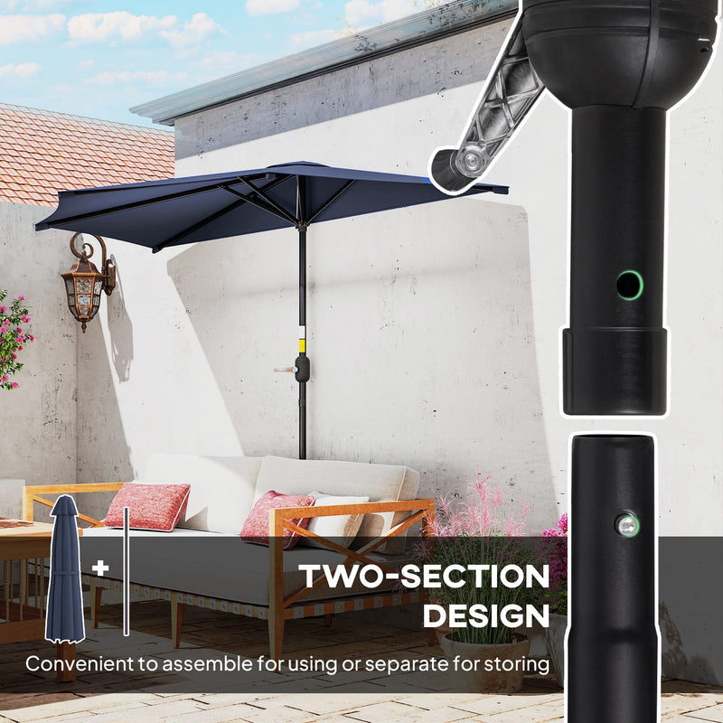 Outsunny - 9.8ft Half Umbrella Semi Round Patio Parasol with Crank Handle, Top Vent for Garden, Balcony - NO BASE INCLUDED, Dark Blue — 84D-008V00DB