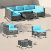 Outsunny - 7 Pieces Outdoor Rattan Furniture Set, Patio Wicker Sectional Conversation Sofa Set, Blue