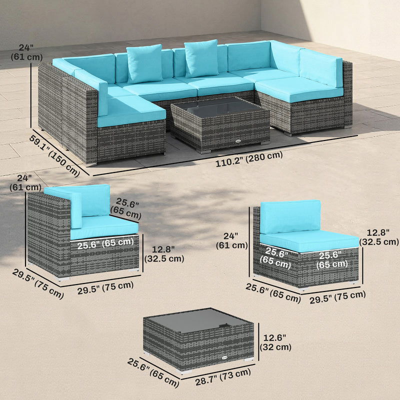 Outsunny - 7 Pieces Outdoor Rattan Furniture Set, Patio Wicker Sectional Conversation Sofa Set, Blue