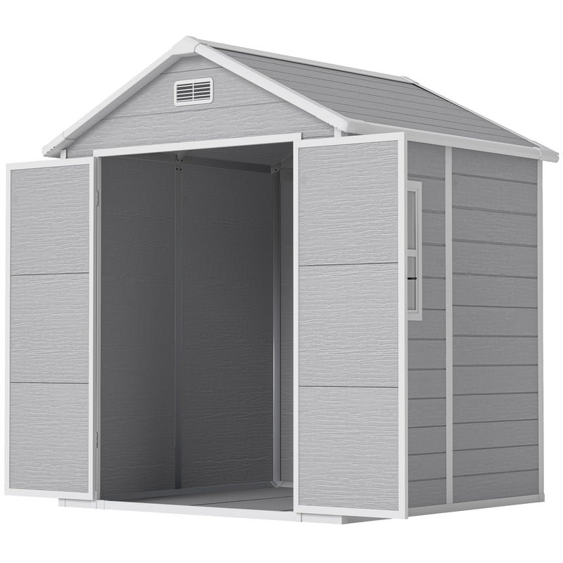 6x5 Plastic Garden Storage Shed with Floor Window Lockable Doors and Vents Outdoor Wood Effect Grey