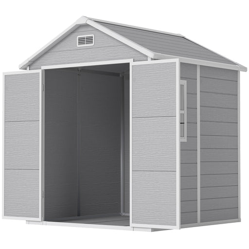 6x5 Plastic Garden Storage Shed with Floor Window Lockable Doors and Vents Outdoor Wood Effect Grey