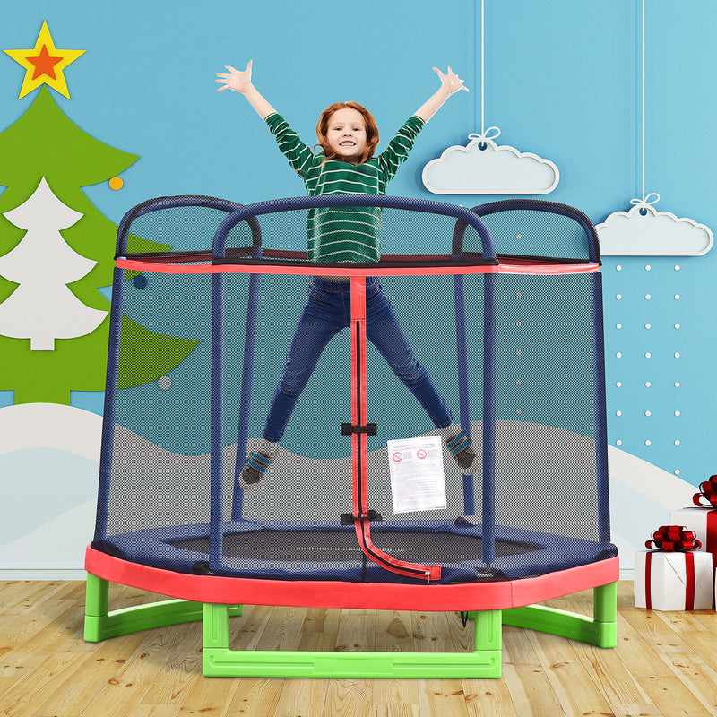 Aosom 84.75" Kids Trampoline 7 FT Indoor Outdoor Trampolines with Safety Net Enclosure Built-in Zipper Padded Covering, for Boys and Girls, Red