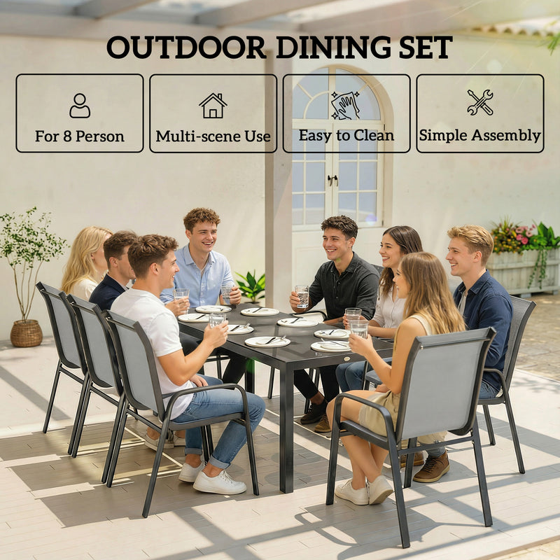 Outsunny - 9 Pieces Patio Set with Stackable Chairs, Patio Dining Set with Glass Top for Garden, Patio, Backyard, Light Grey