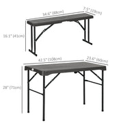 Outsunny - Folding Picnic Table with 2 Benches, 3-Piece Portable Outdoor Picnic Table Bench Set for 4, Patio Dining Table Set with Plastic Top, Steel Frame for Garden, Dark Grey