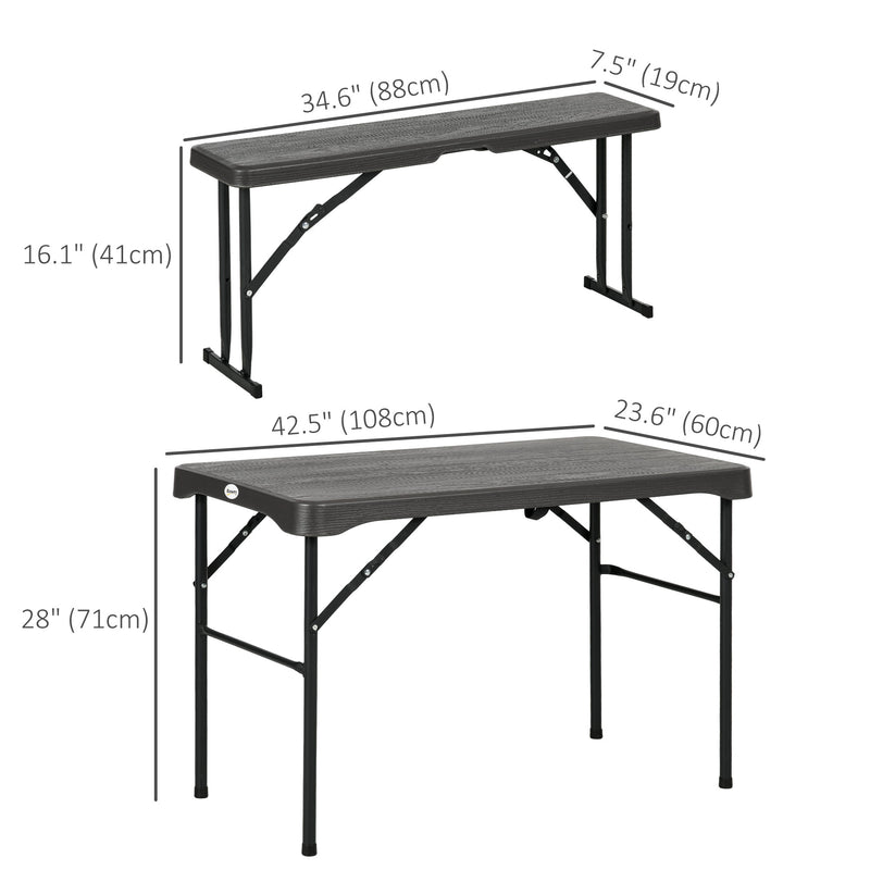 Outsunny - Folding Picnic Table with 2 Benches, 3-Piece Portable Outdoor Picnic Table Bench Set for 4, Patio Dining Table Set with Plastic Top, Steel Frame for Garden, Dark Grey