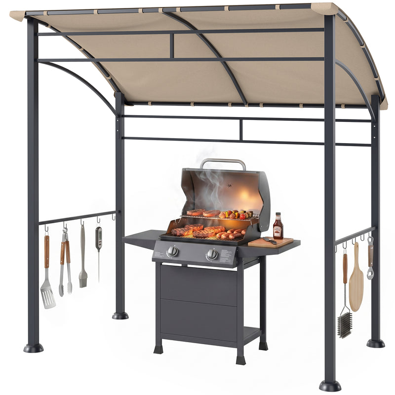 Outsunny - 7' x 5' BBQ Grill Gazebo Tent, Garden Grill Canopy with Steel Frame and Hooks, Outdoor Sun Shade, Khaki
