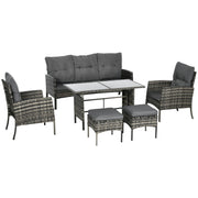 Outsunny - 6-Piece Outdoor Patio Furniture Set with Chairs, Ottomans, Sofa, Glass Top Coffee Table and Cushions, Wicker Rattan Conversation Set for Backyard and Porch, Grey