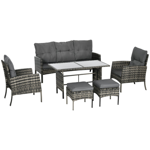 Outsunny - 6-Piece Outdoor Patio Furniture Set with Chairs, Ottomans, Sofa, Glass Top Coffee Table and Cushions, Wicker Rattan Conversation Set for Backyard and Porch, Grey