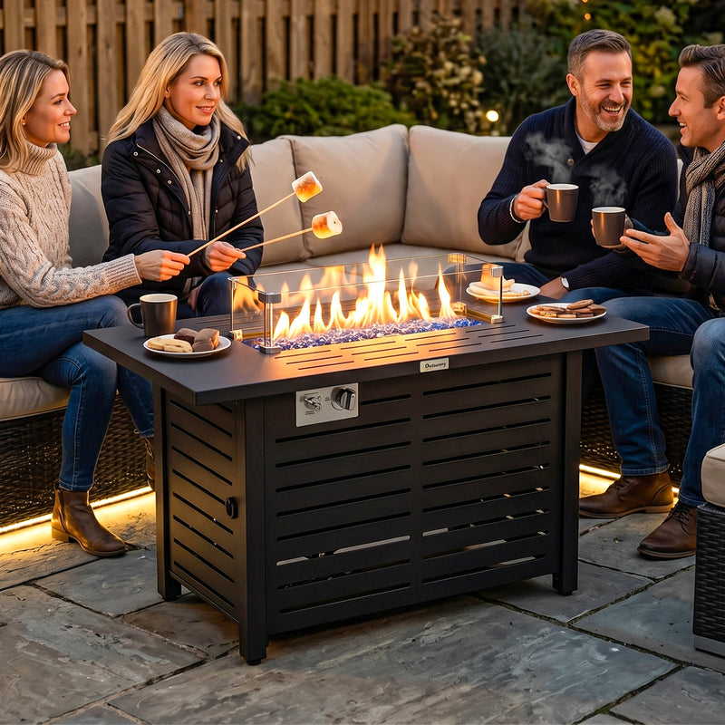 Outsunny - Propane Gas Fire Pit Table, Outdoor Firepit with 43" Steel Tabletop and Lid, 50,000 BTU Pulse Ignition Fire Table w/ Stainless Steel Burner, Glass Wind Guard, and Cover