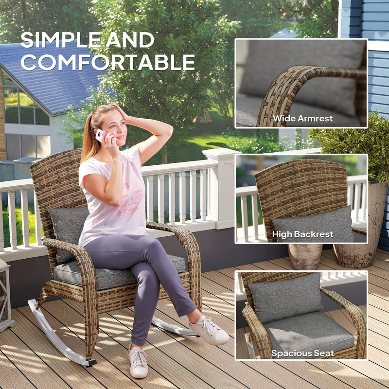 Outsunny - Adirondack Chair, Outdoor Wicker Rocking Chair with High Back, Seat Cushion and Pillow for Porch, Balcony, Grey/Yellow