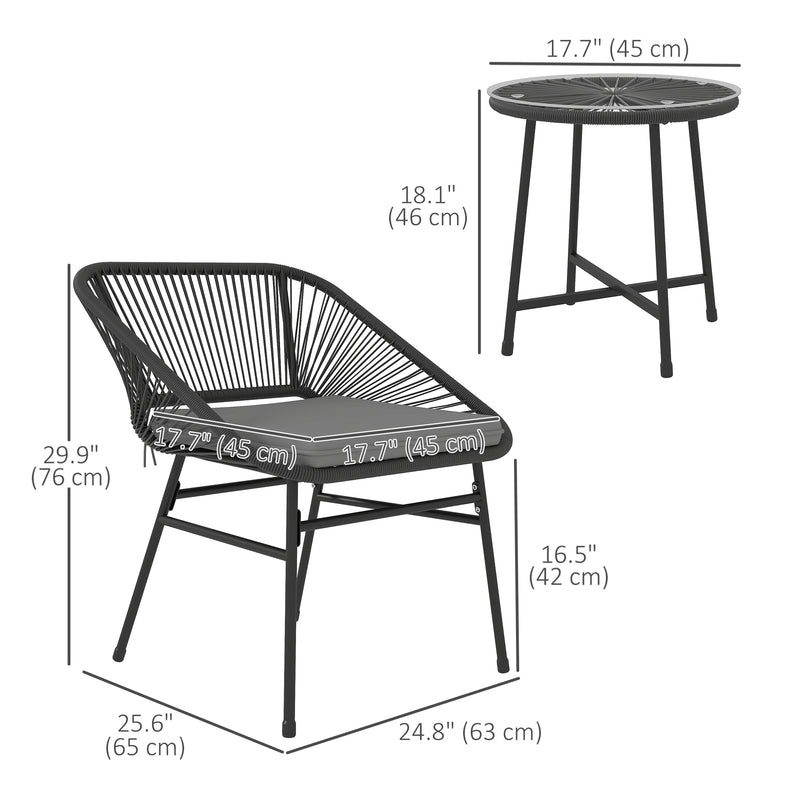 Outsunny - 3 Piece Bistro Set, Wicker Outdoor Patio Furniture Set with Glass Top Table, Cushions for Balcony, Porch, Black