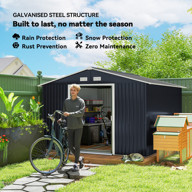 11' x 9' Metal Storage Shed Garden Tool House with Double Sliding Doors, 4 Air Vents for Backyard, Patio, Lawn Dark Grey