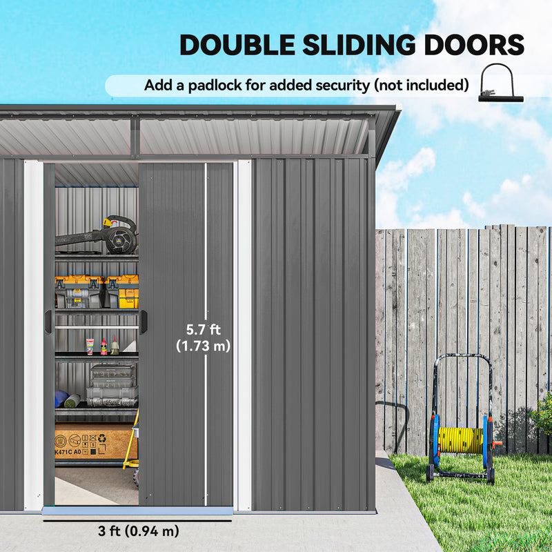 9' x 6.5' Outdoor Metal Garden Shed Utility Tool Storage Steel Backyard Storage House, Light Grey