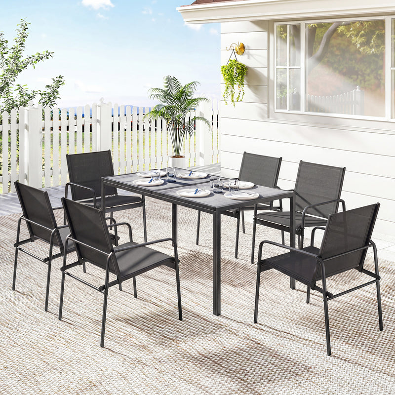 Outsunny - Outdoor Dining Set for 6, Faux Wood Patio Table and Chairs with Breathable Mesh Seat, Galvanized Steel Frame, Black