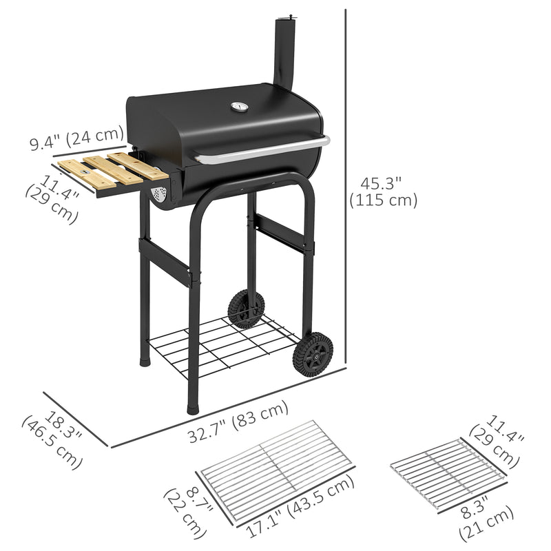 Outsunny - Charcoal Barbecue Grill, BBQ with Thermometer, Shelves and Wheels, Black