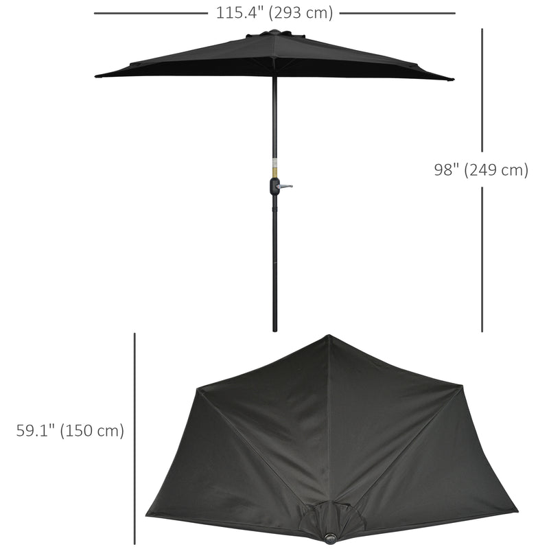 Outsunny - 9.8ft Half Umbrella Semi Round Patio Parasol with Crank Handle, Top Vent for Garden, Balcony - NO BASE INCLUDED, Black — 84D-008V00BK
