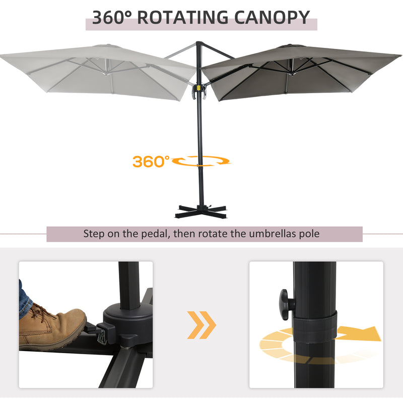 Outsunny - 8' x 8' Square Patio Hanging Offset Umbrella with 360° Rotation, Aluminum Outdoor Cantilever Market Parasol, Light Grey — 84D-051V00LG