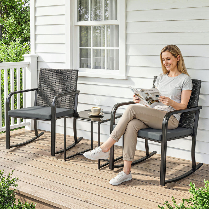 Outsunny - 3 Pieces Rocking Bistro Set Outdoor Patio Furniture Set with Cushions, Glass Coffee Table for Balcony, Grey