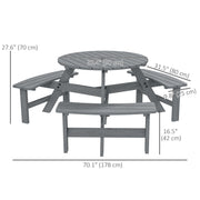 Outsunny - 6 Person Round Picnic Table Bench Set with Umbrella Hole, Wood Patio Table with 3 Built-in Benches for Garden, Deck, Backyard, Grey