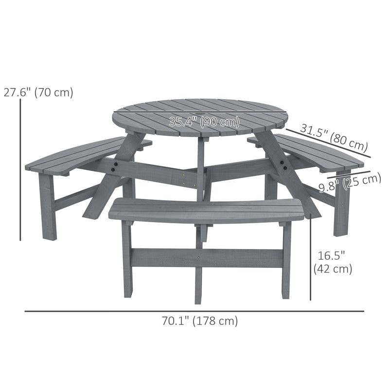 Outsunny - 6 Person Round Picnic Table Bench Set with Umbrella Hole, Wood Patio Table with 3 Built-in Benches for Garden, Deck, Backyard, Grey