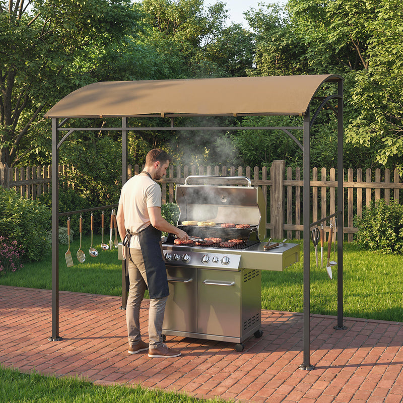 Outsunny - 7' x 5' Garden Grill Canopy, BBQ Grill Gazebo Tent with Steel Frame and Hooks, Outdoor Sun Shade, Dark Coffee