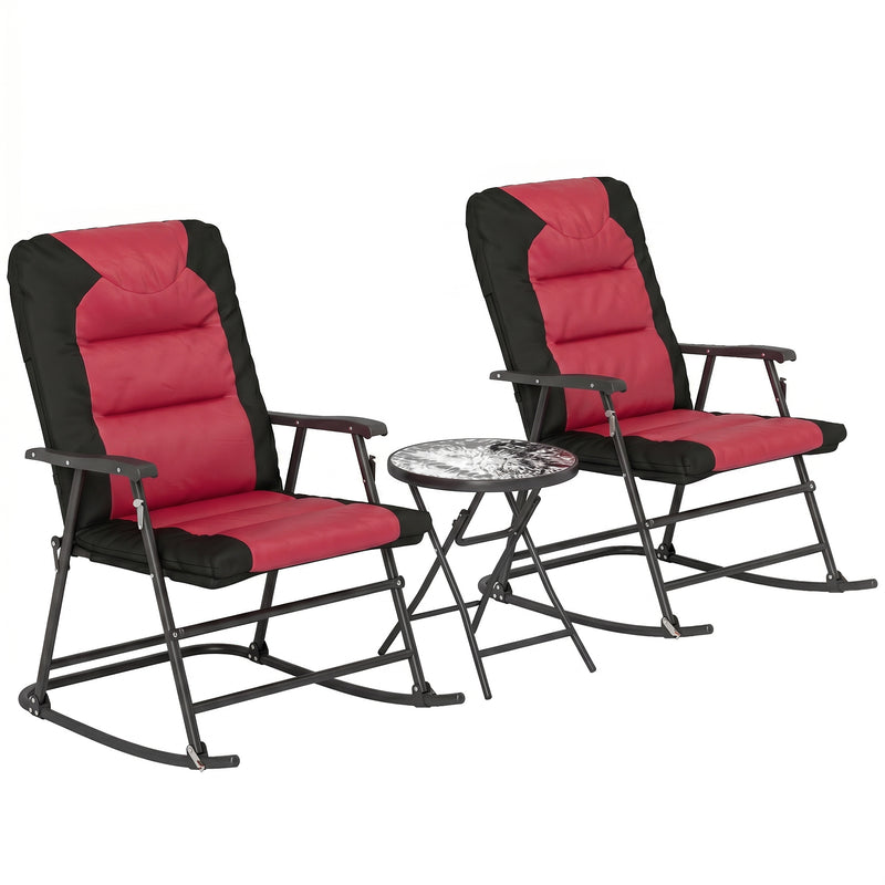 Outsunny - 3pc Patio Foldable Rocking Chair Set, Outdoor Rocking Chairs and Table Set w/ Padded Seat, Headrest, Backrest for Backyard, Garden, Red