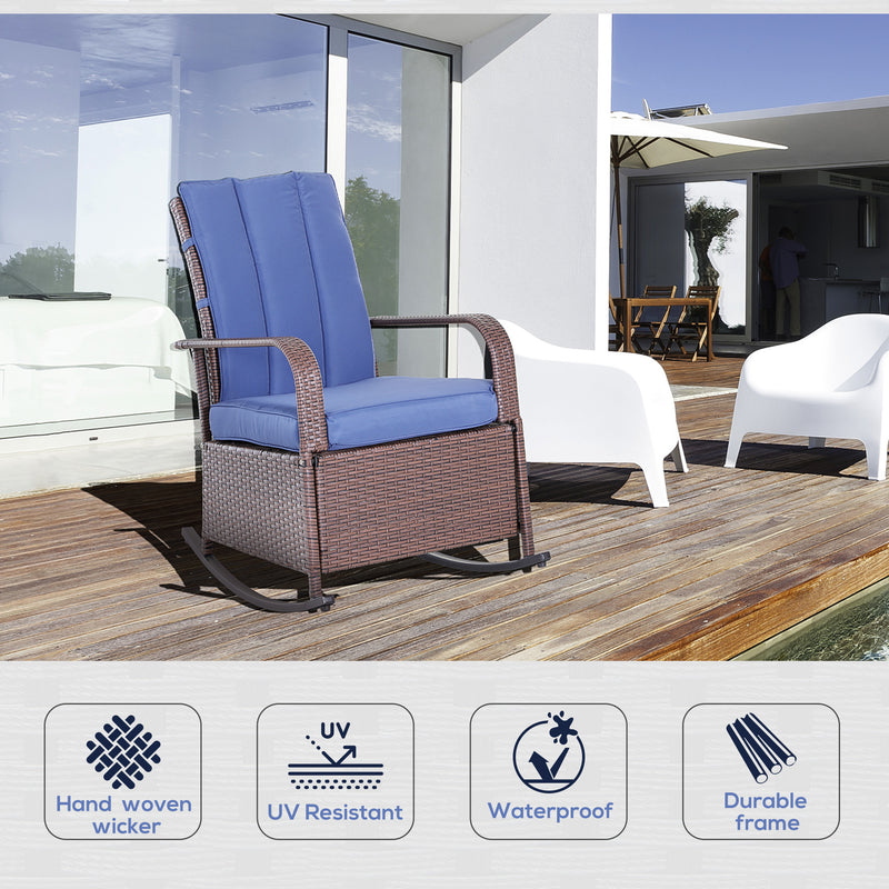 Outsunny - Outdoor Wicker Rocking Chair with Cushion, Patio PE Rattan Recliner Chair with Adjustable Footrest, Armrests, Dark Blue