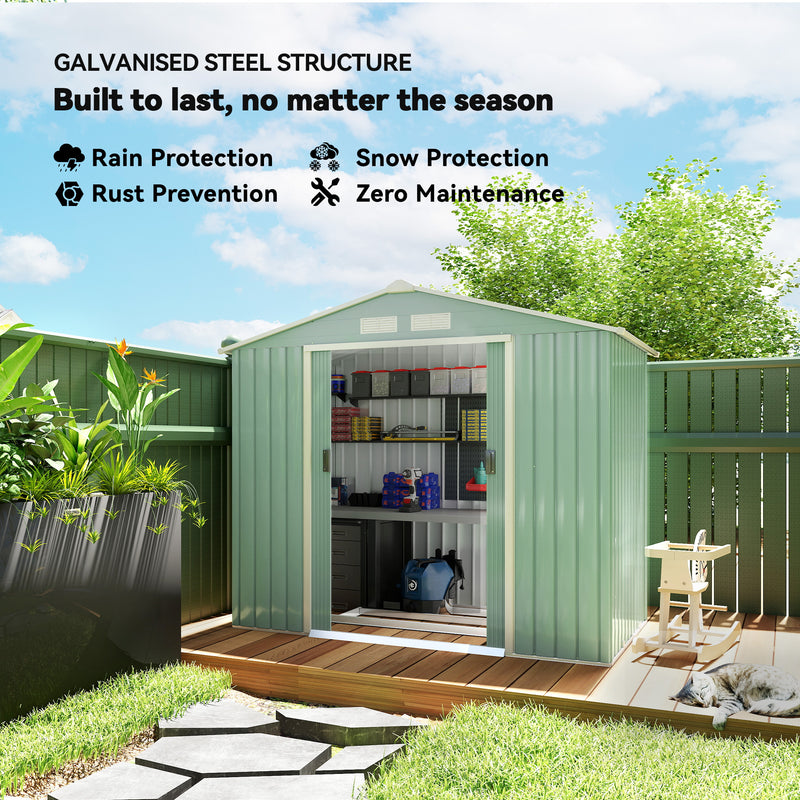 7' x 4' x 6' Garden Storage Shed Outdoor Patio Metal Tool Storage House w/ Foundation Kit and Double Doors Light Green