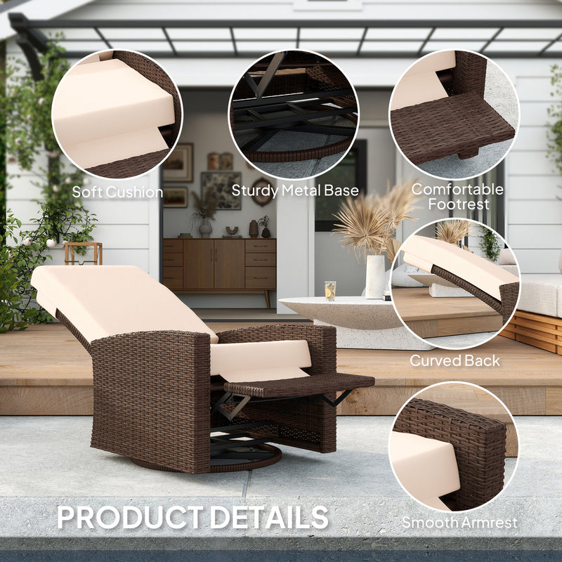 Outsunny - Outdoor Rattan Wicker Lounge Chair with Footrest & Soft Cushion for Patio, Garden, Backyard, Cream White