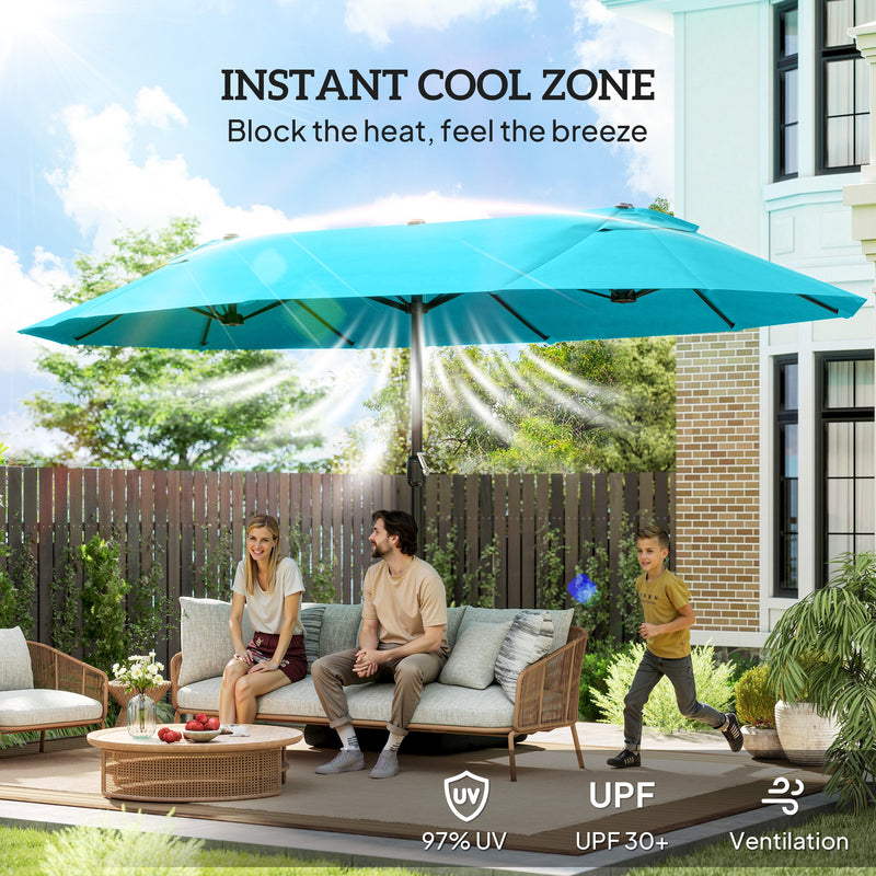 Outsunny - 15' Outdoor Patio Umbrella with Twin Canopy Sunshade Steel Table Umbrella w/ Lift Crank, Cross Base, Sandbag, Light Blue — 84D-031V03LB