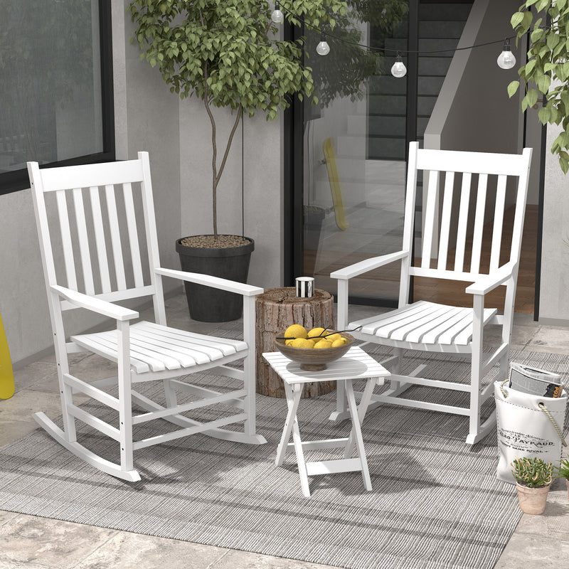 Outsunny - 3 Pieces Outdoor Rocking Chair Set, Wooden Patio Rocking Chair Set with Folding Table, High Back and Armrests, White