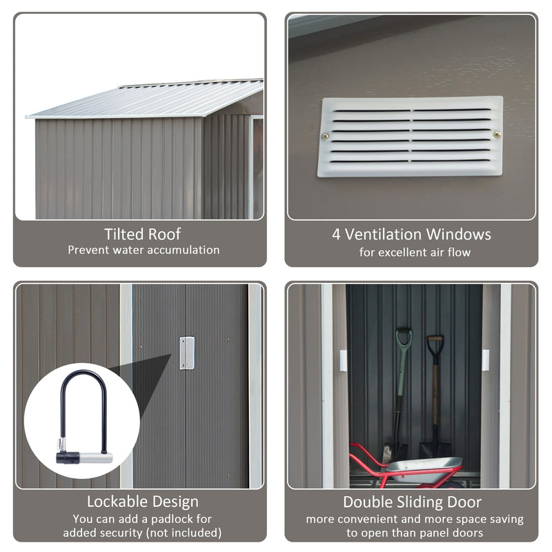 9'x6.3'Garden Storage Outdoor Shed w/ Floor Foundation Outdoor Yard Metal Tool Storage House Grey White