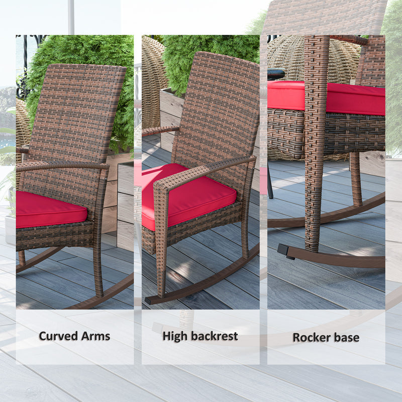 Outsunny - Outdoor PE Rattan Rocking Chair, Garden Glider Rocking Chair, Wicker Patio Chair Set with Armrest and Cushion, Wine Red