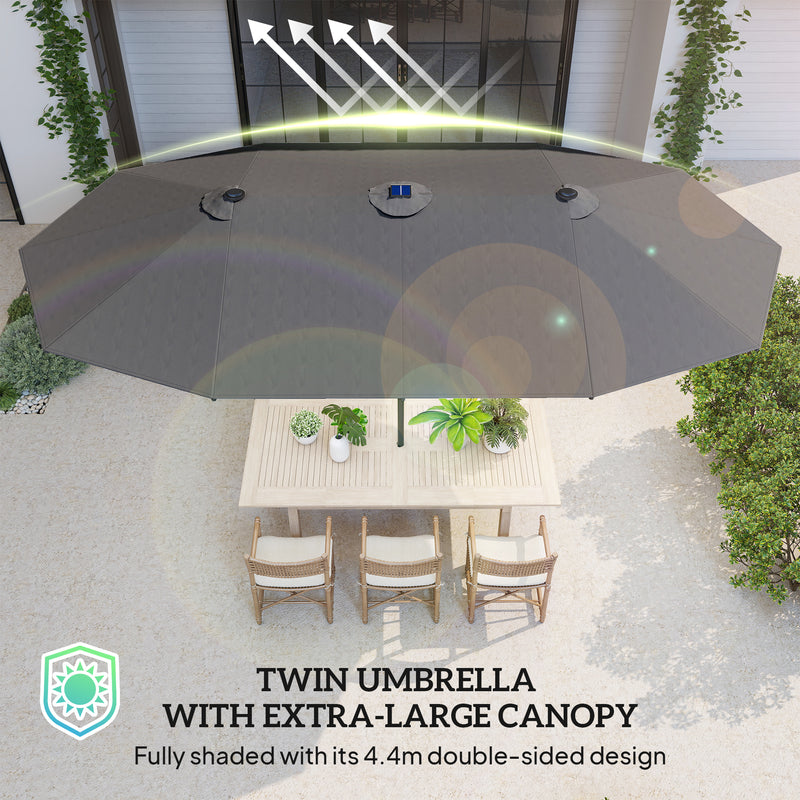 Outsunny - 173" Double-Sided Sun Umbrella Garden Parasol Patio Sun Shade Outdoor with LED Solar Light, No Base Included, Dark Grey — 84D-106CG