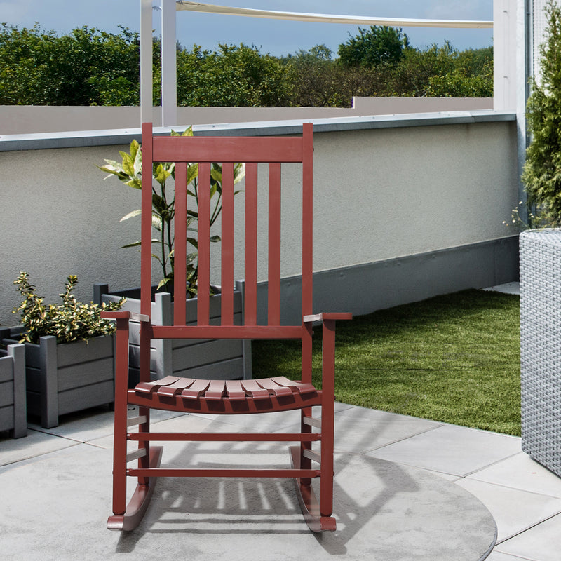 Outsunny - Wooden Porch Rocking Chair Outdoor Patio Rocker Garden Single Leisure Reclining Seat Armchair Wine Red