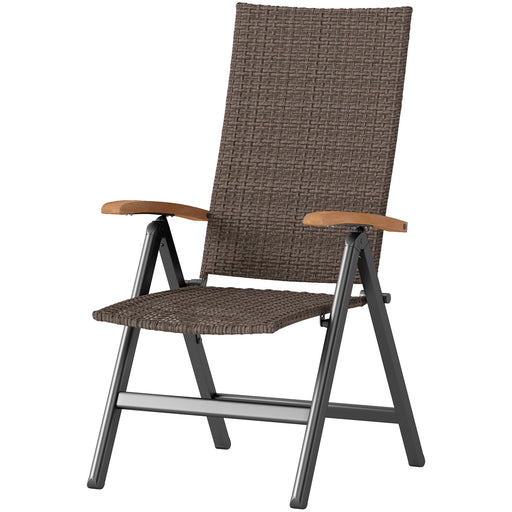 Outsunny - Folding Wicker Patio Dining Chair with 5-level Reclining Back, Wooden Armrests for Outdoor, Garden, Backyard, Brown