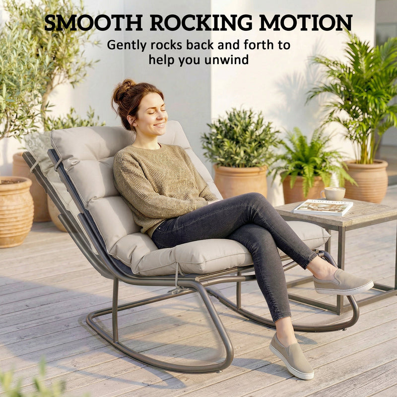 Outsunny - Outdoor Rocking Chair, Oversized Rocking Patio Chair with 25" Extra Wide Mesh Seat and Cushion, Khaki