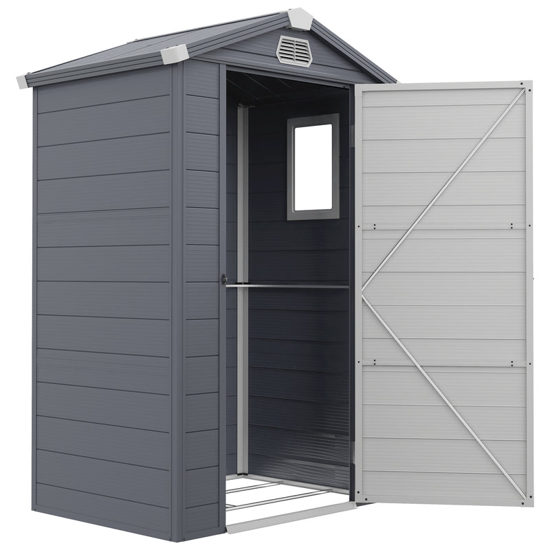 4.4' x 3.3' Plastic Garden Storage Shed with Latch Door, Vents, Sloped Roof, Grey