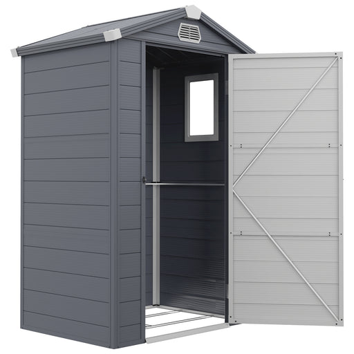 4.4' x 3.3' Plastic Garden Storage Shed with Latch Door, Vents, Sloped Roof, Grey
