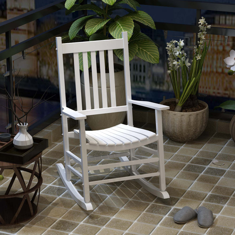 Outsunny - Wooden White Porch Rocking Chair Patio Rocking Single Leisure Reclining Seat Armchair