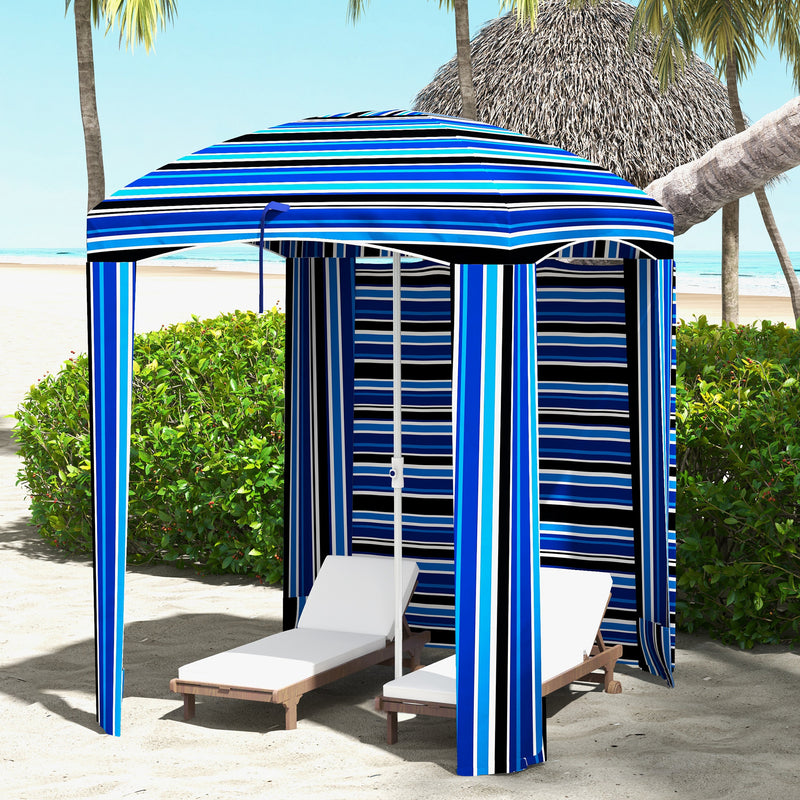 Outsunny - 70.1" L x 70.1" W Cabana Umbrella with Walls, Vents, Ruffles, Carry Bag, Beach Umbrella, Blue Stripe — 84D-307V00MX