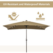 6.5x10ft Patio Umbrella Rectangle Solar Powered Tilt Aluminum Outdoor Market Parasol with LEDs Crank (Light Coffee)