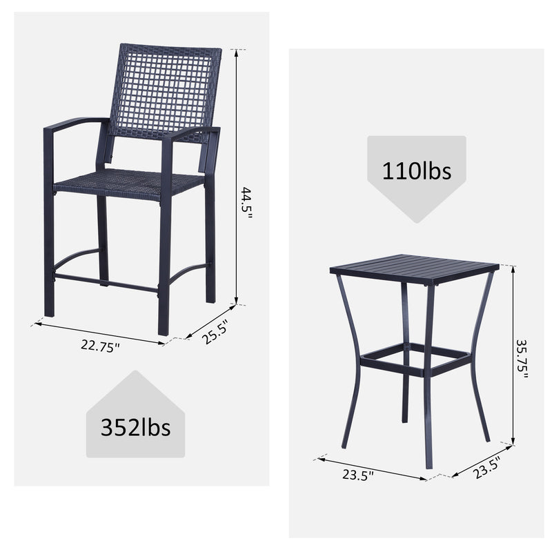 Outsunny - 3 Pieces Outdoor Wicker Bar Set, Classic Bistro Bar Set Garden Rattan Style Patio Bar Table & High Chairs w/ Cushions Home Bar Furniture, Cream White